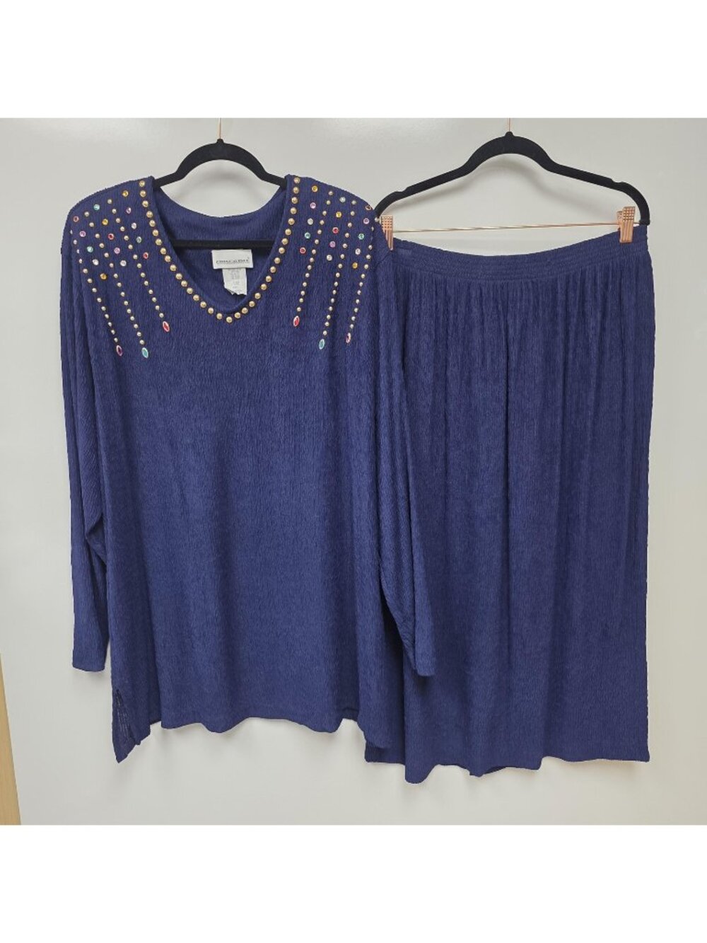 Grove Avenue Sweater Skirt Set Womens 24W Blue Knit Rhinestone Plus 2 Piece USA